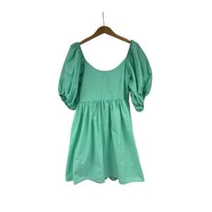 Bali Elf Strawberry Fields Puff Sleeve Mini Dress 100% Linen Green Womens XL